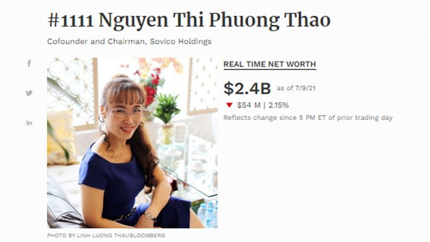  Tổng tài sản của bà Nguyễn Thị Phương Thảo đang ở mức 2.1 tỷ USD nhưng Forbes không còn cập nhập trên danh sách