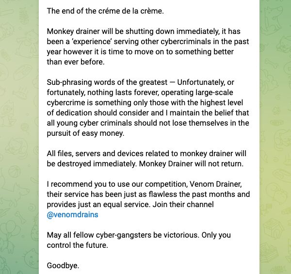 Thông báo đầy đủ của Monkey Drainer trên Telegram đề xuất dịch vụ thay thế